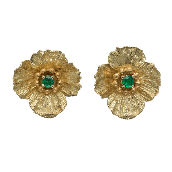 Small Poppy Flower With Emerald Earrings