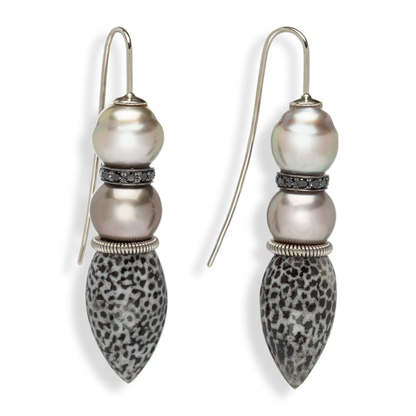 Tahitian Pearl, Black Diamond and Fossilized Coral Drop Earrings