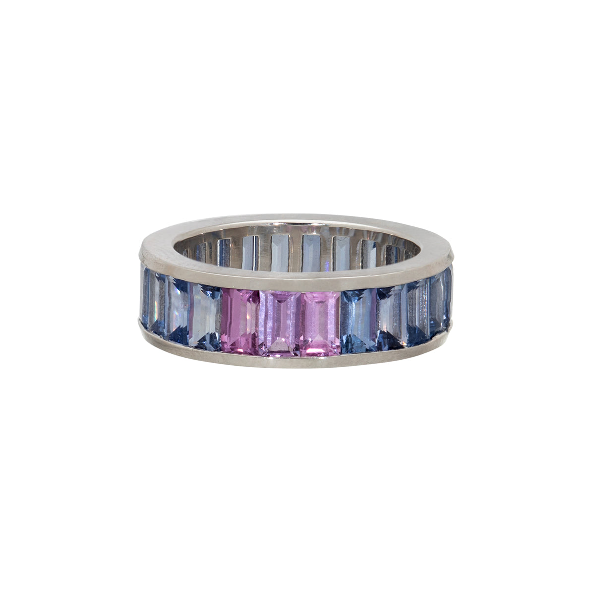 Blue and Pink Sapphire Baguettes Channel Eternity Ring