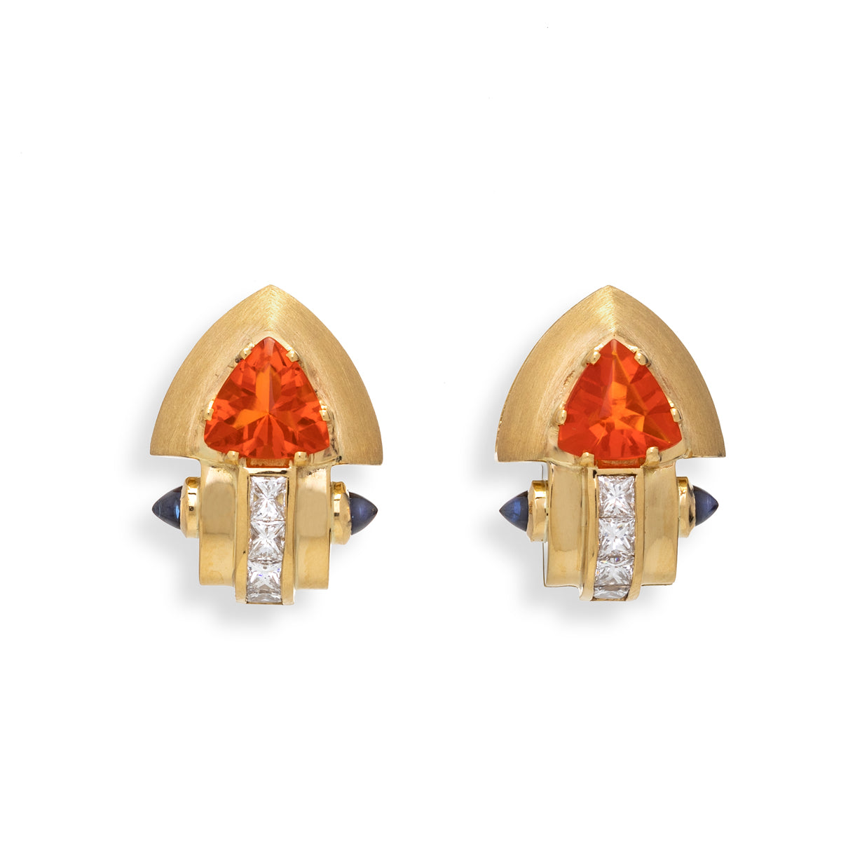 Fire Opal, Sapphire, and Diamond Earrings