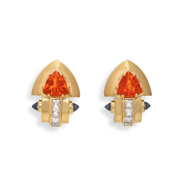 Fire Opal, Sapphire, and Diamond Earrings