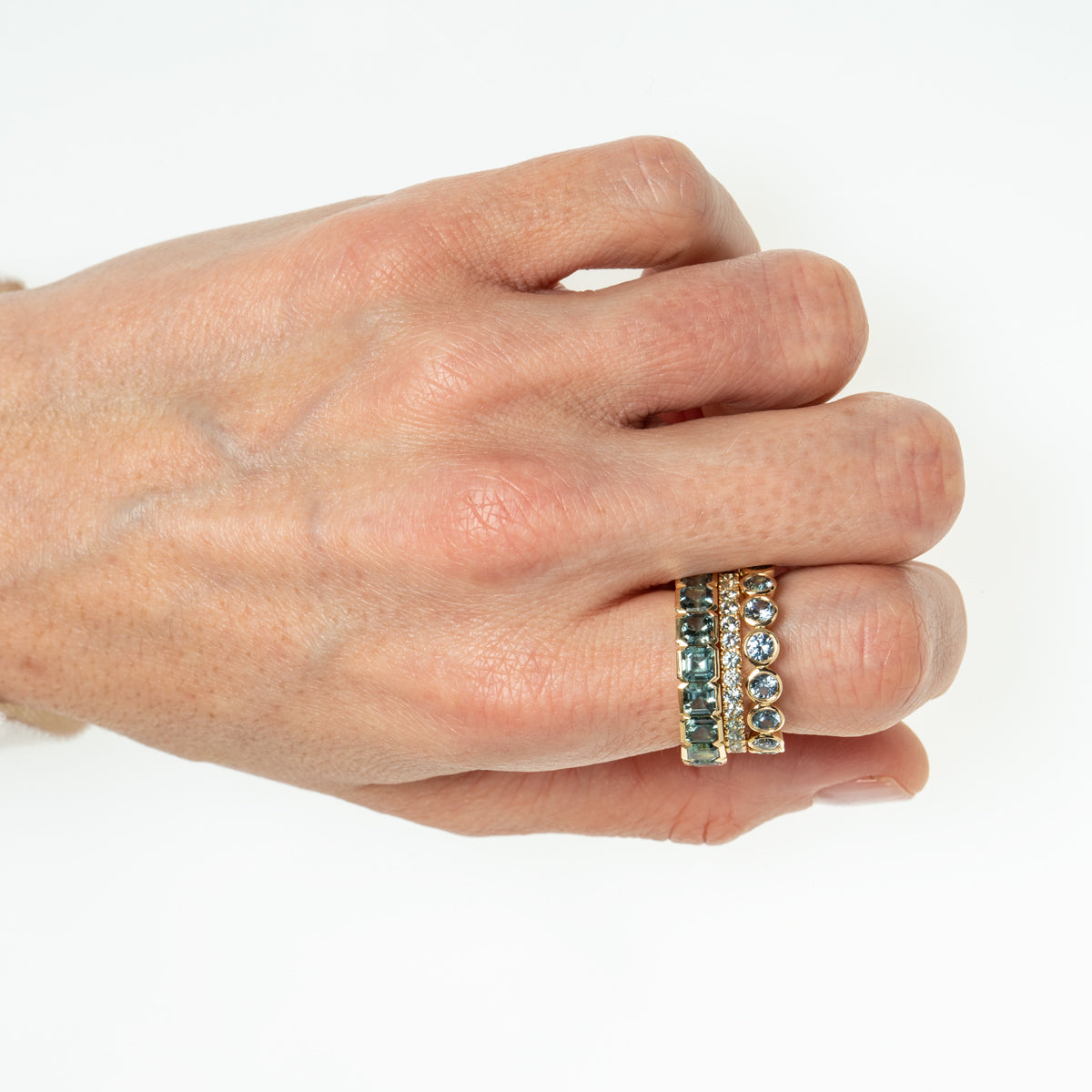 Teal Green Sapphire Semi Bezel Asscher Cut Eternity Ring