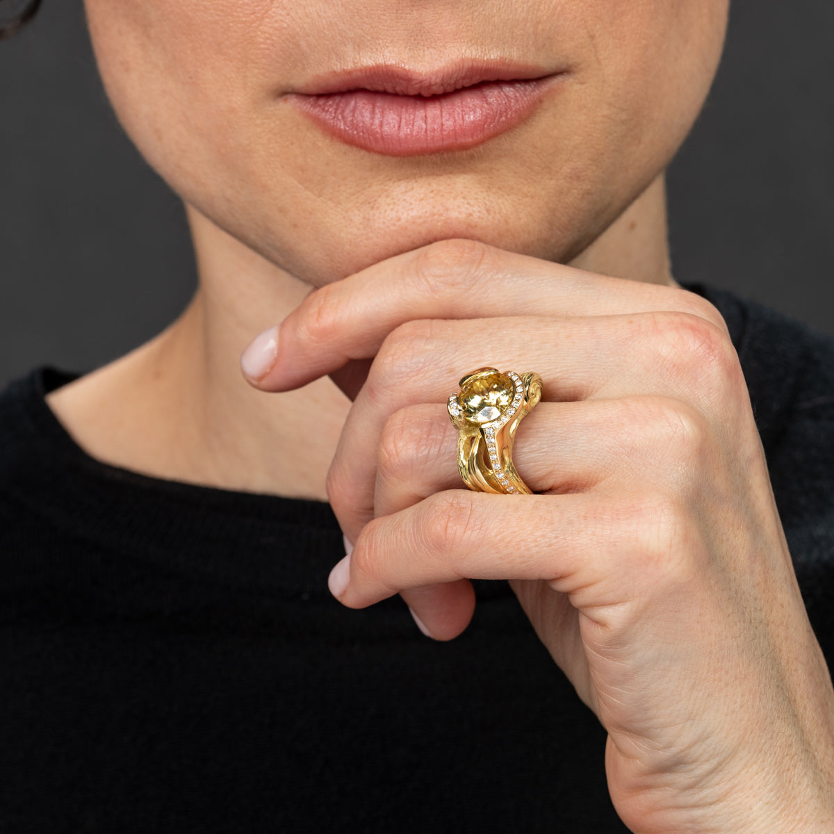 Yellow Zircon and Diamonds Vine Ring