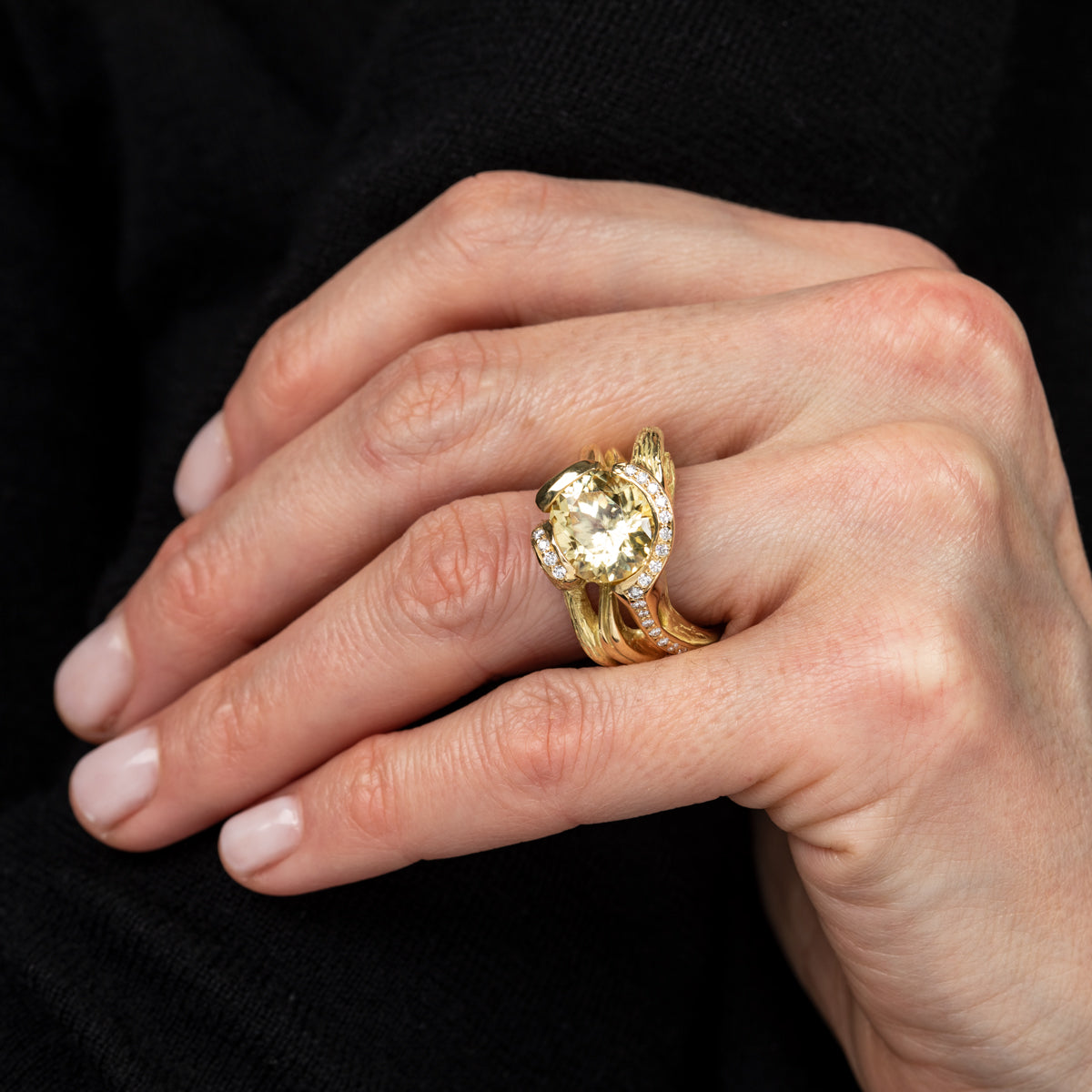 Yellow Zircon and Diamonds Vine Ring