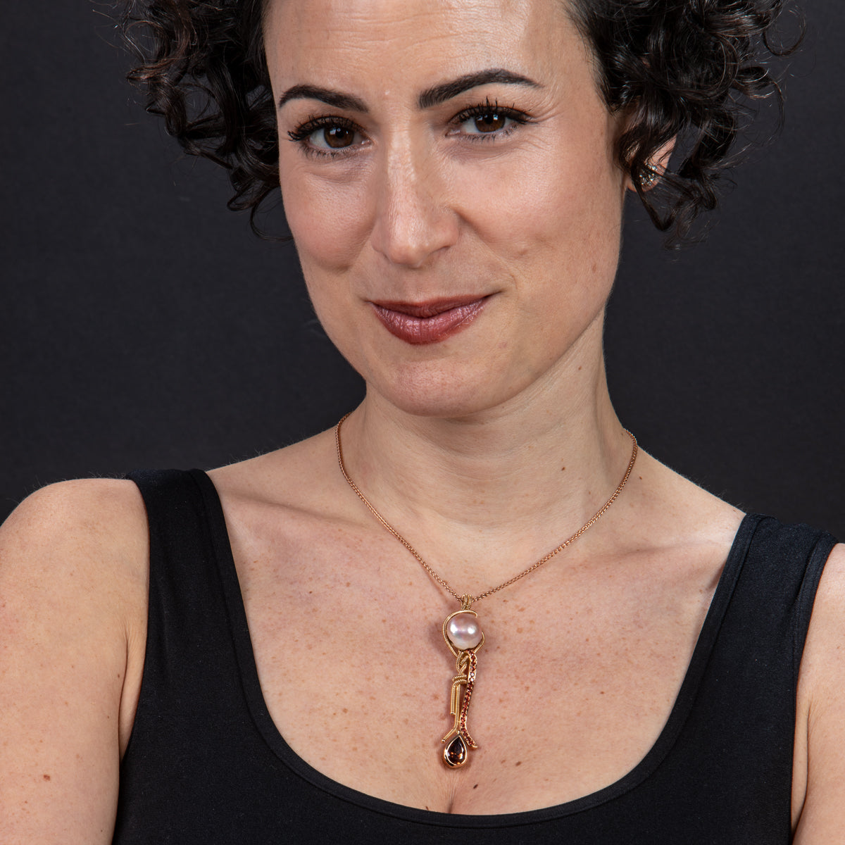 Pearl, Zircon and Hessonite Garnet Coil Pendant