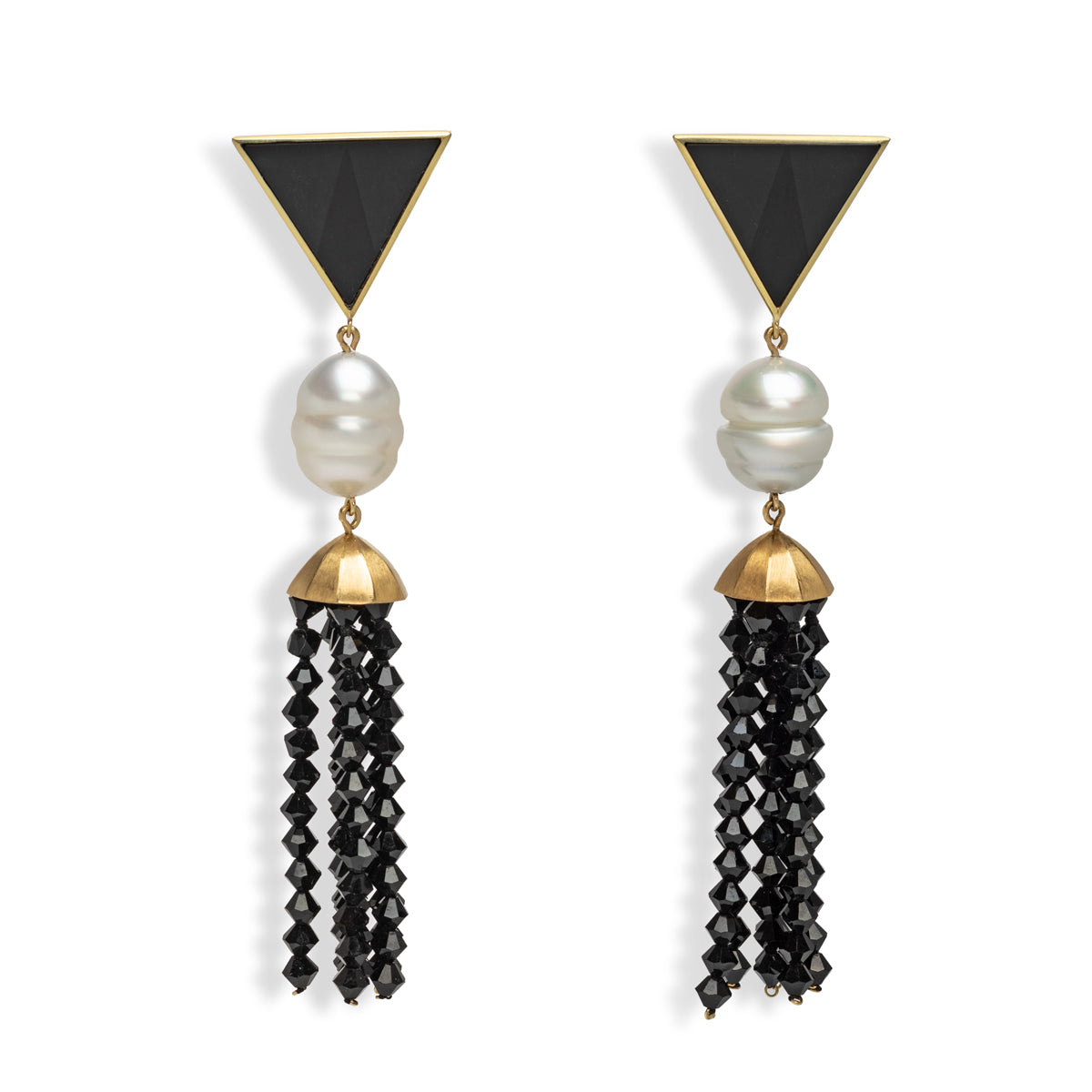 Onyx, South Sea, and Jet Tassel Earrings