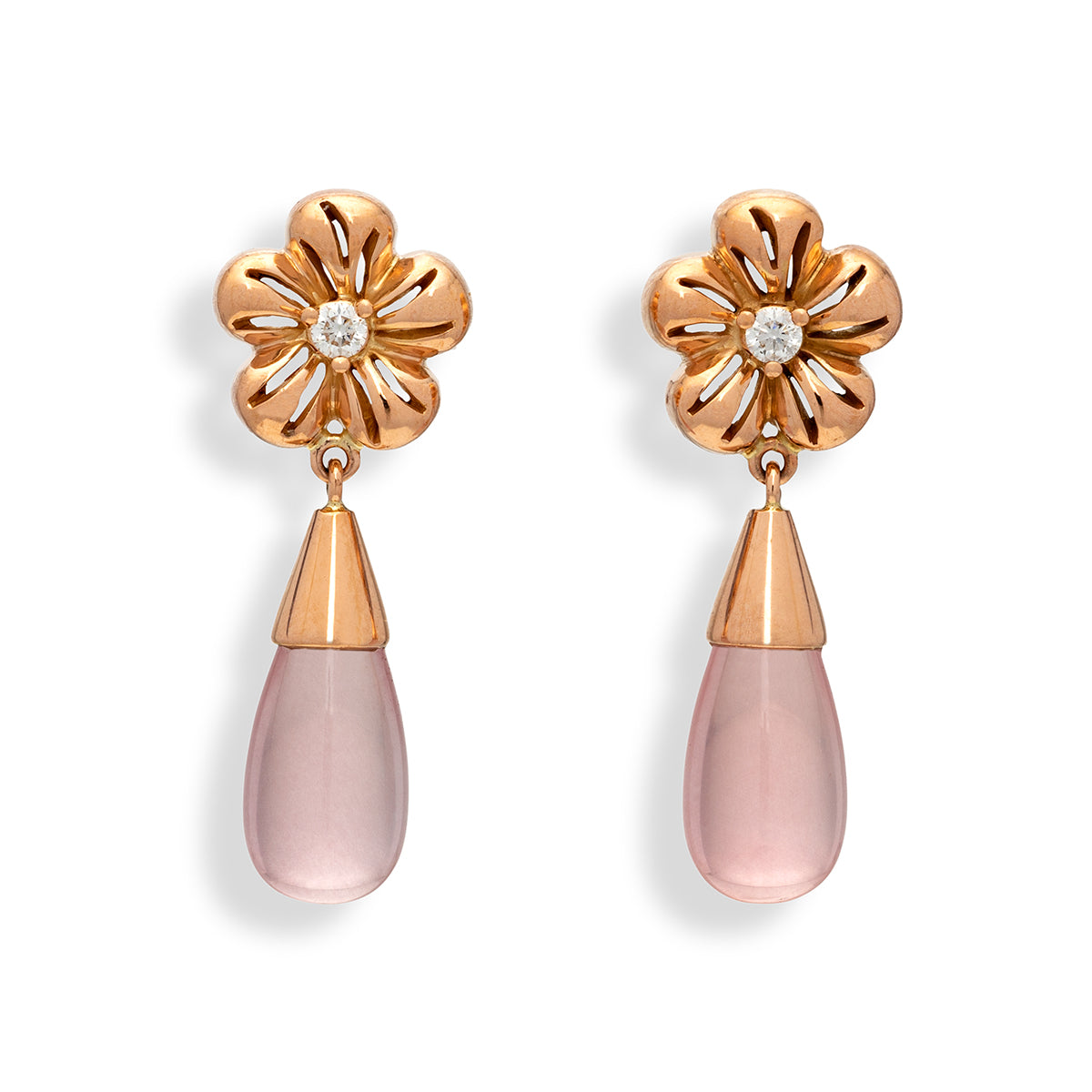Pierced Flower and Rose Quartz Drops