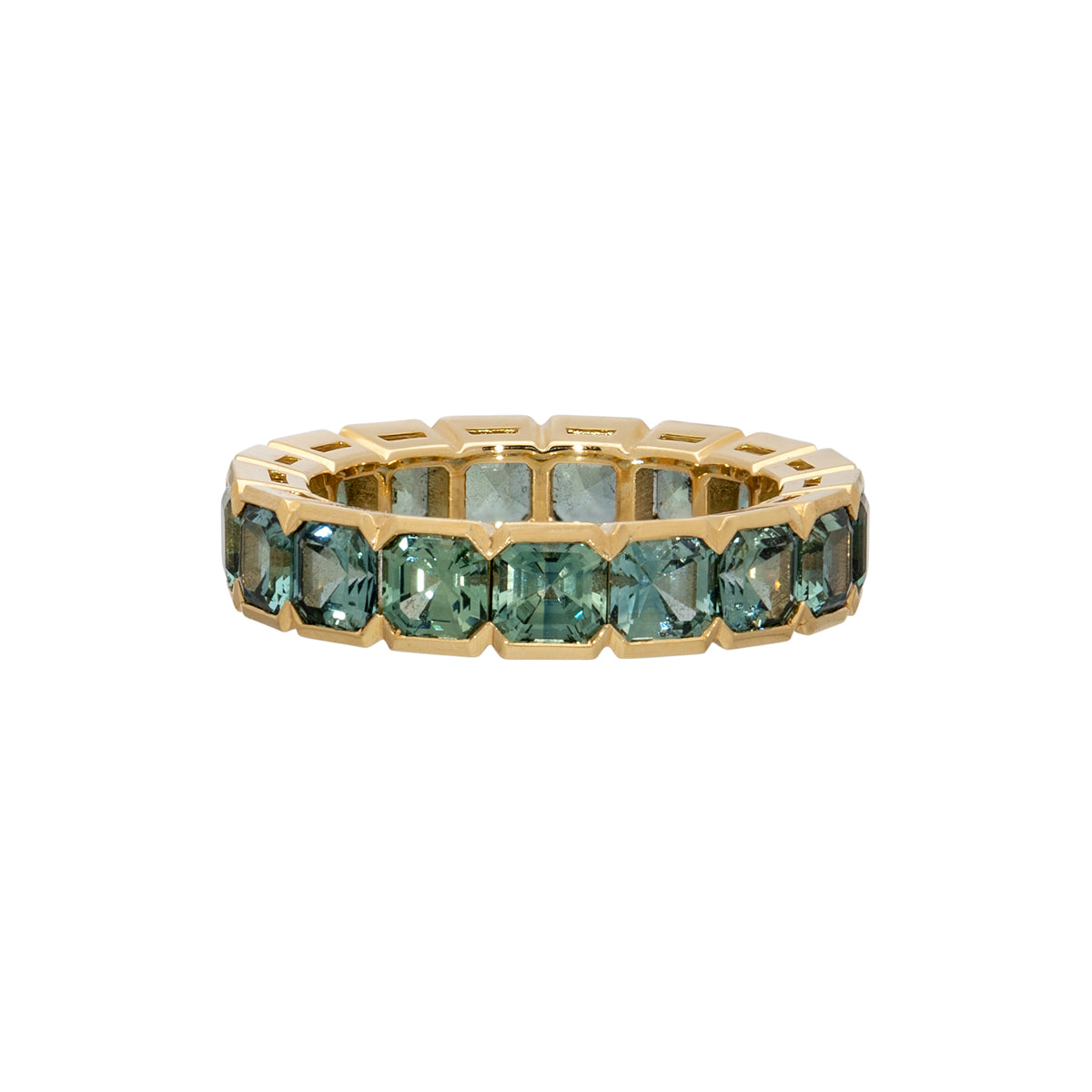Teal Green Sapphire Semi Bezel Asscher Cut Eternity Ring