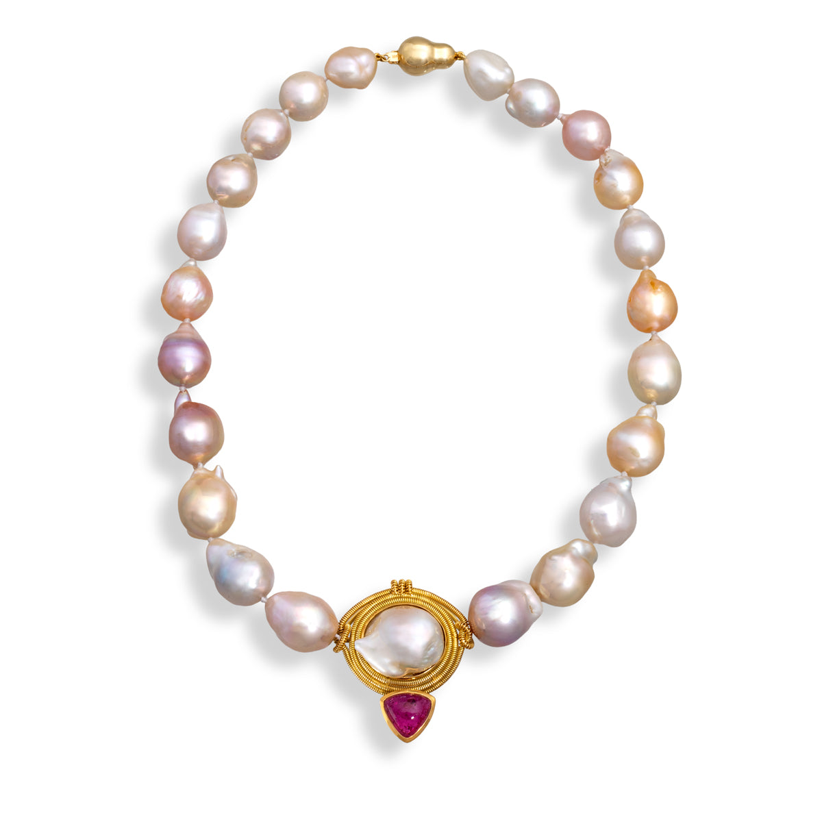 Multi Baroque Pearls with Pink Tourmaline and Coil Center
