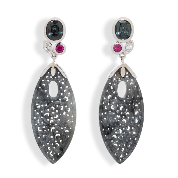 Gray Jadeite, Spinel, Ruby and Diamond Earrings