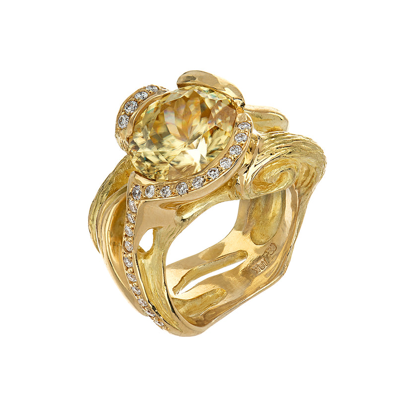 Yellow Zircon and Diamonds Vine Ring