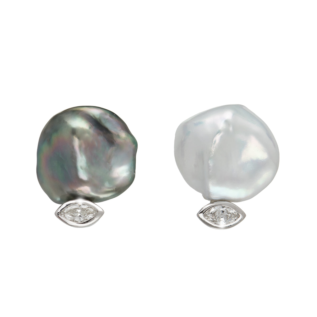 Black and White Keshi Pearl Earrings with Marquise Diamonds