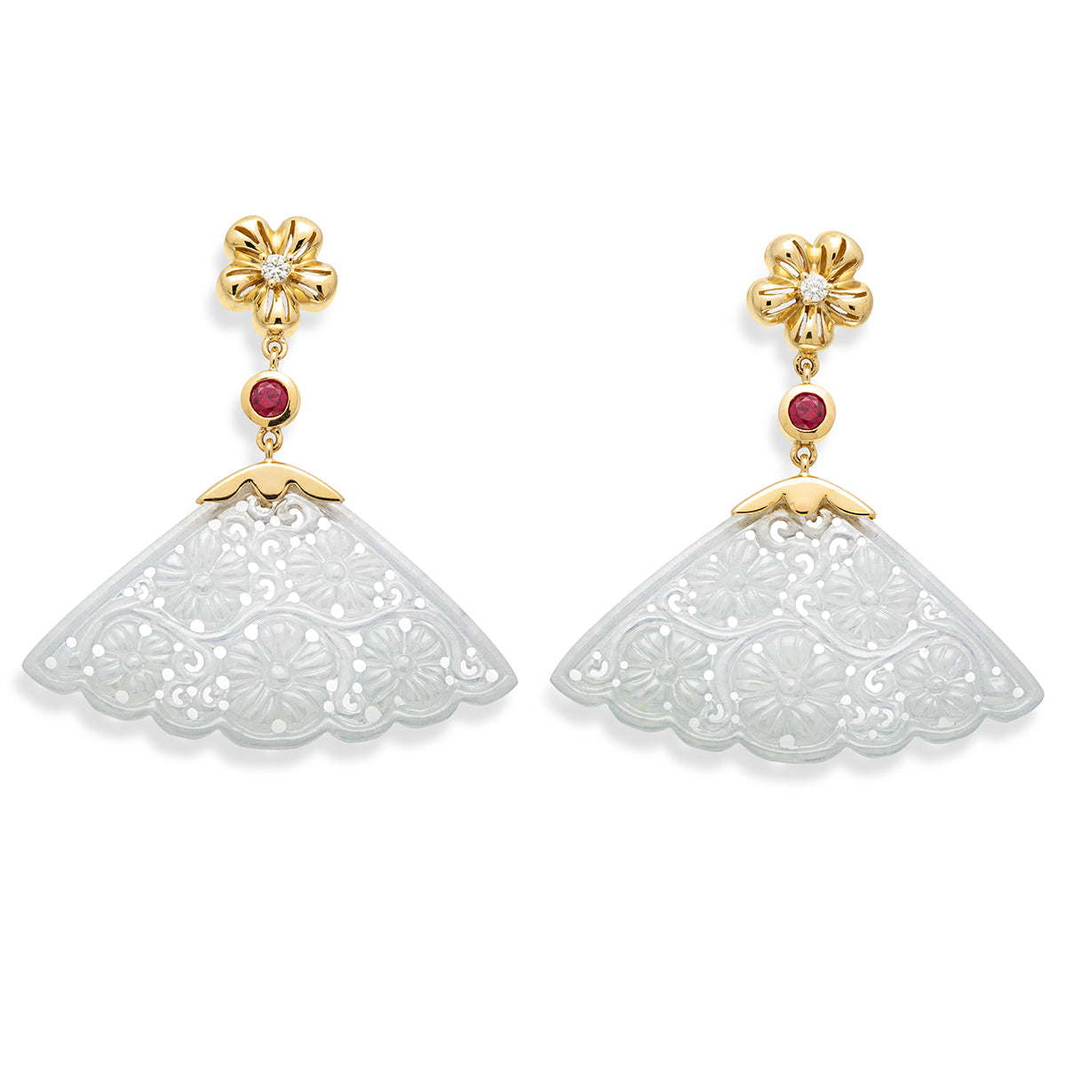 Carved White Jade Fans, Ruby and Diamond Earrings