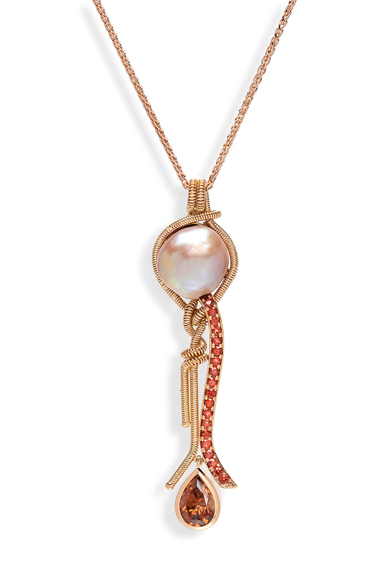 Pearl, Zircon and Hessonite Garnet Coil Pendant