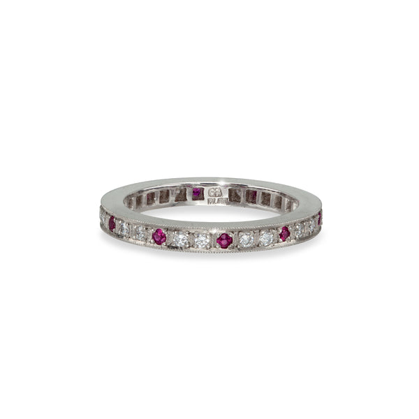 Diamond and Ruby Narrow Flat Pave Eternity Ring