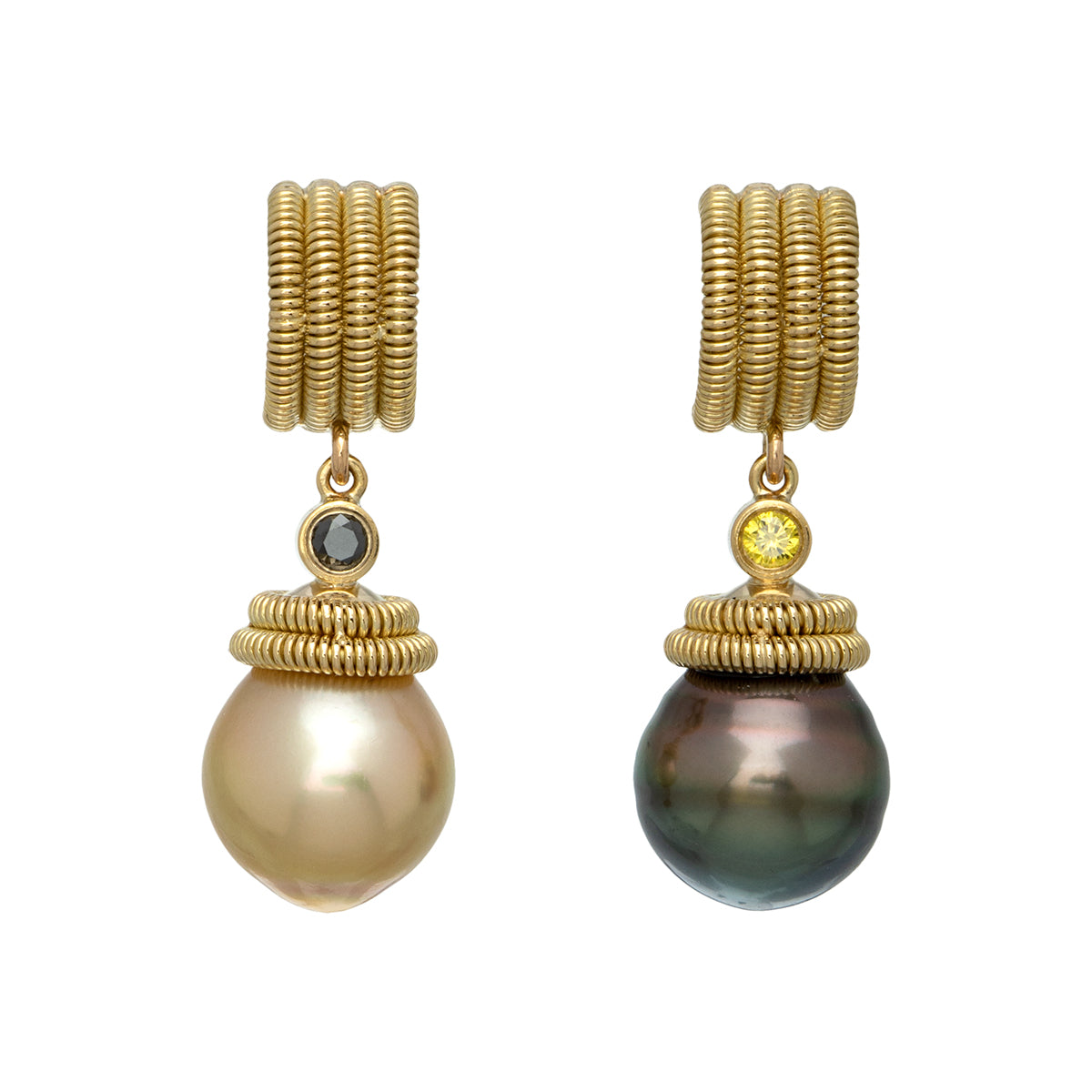 Diamond Coil Earrings with Tahitian and Gold Pearls