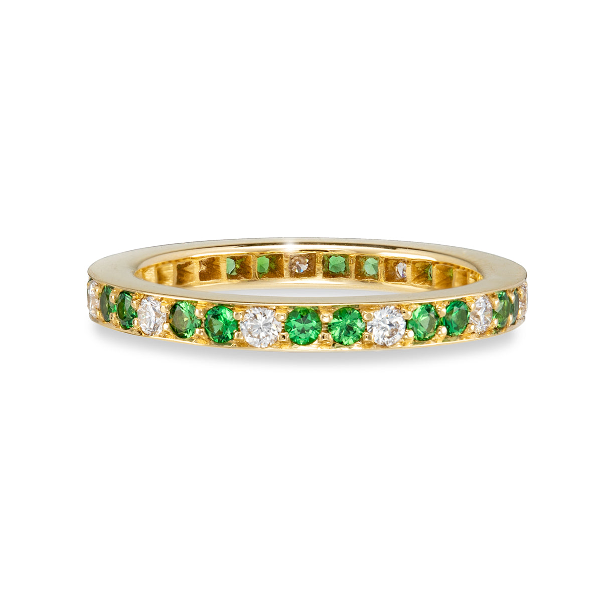 Bague d’Éternité en Diamants et Tsavorites Pavés Plat Moyenne