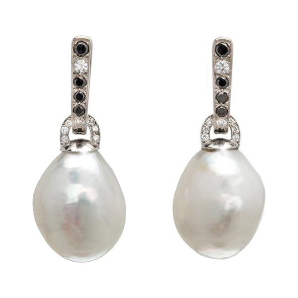 Pearl Earrings With Black and White Diamonds