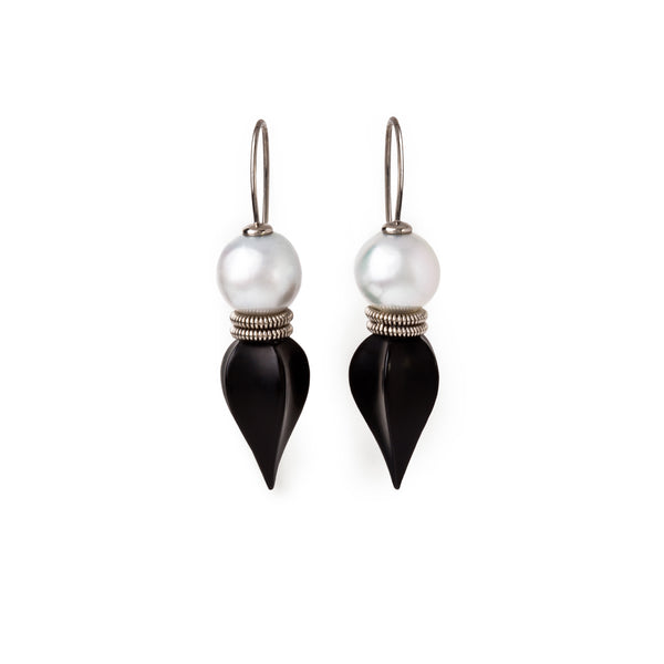 Carved Onyx and Pearl Earrings