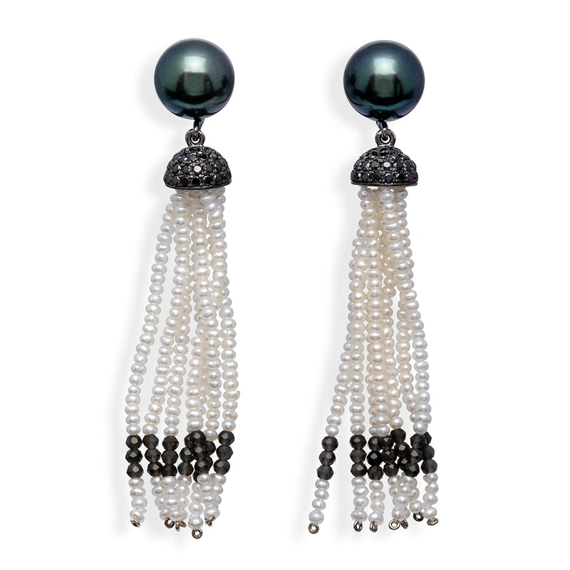 Black Diamond and Pearl Tassel Earrings
