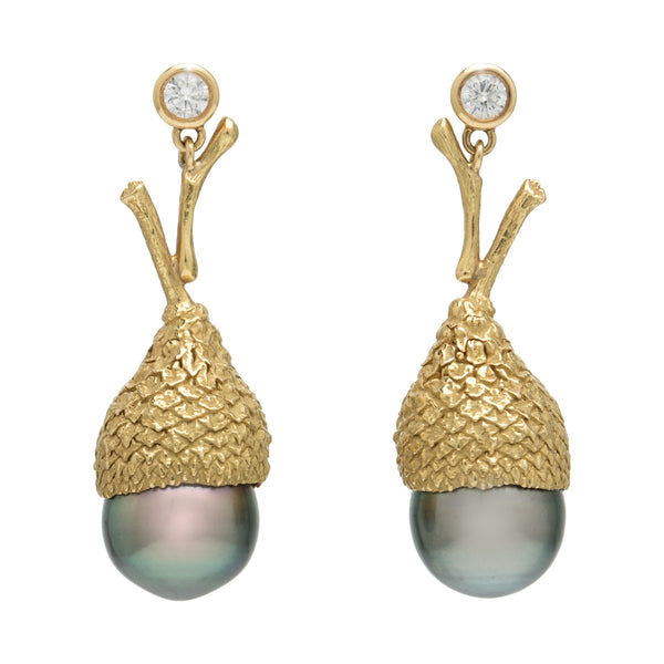 Short Acorn Tahitian Pearl Earrings
