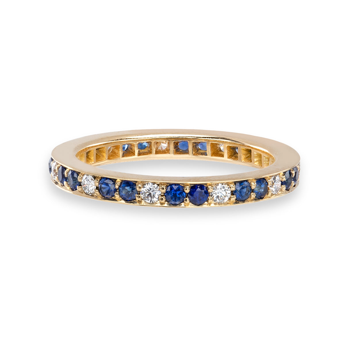 Bague d’Éternité en Diamants et Saphirs Bleu Pavés Plat Moyenne