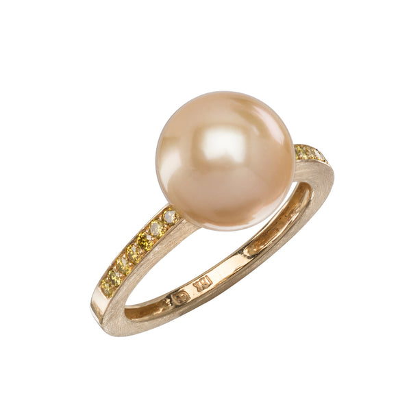 Narrow Golden South Sea Pearl and Diamond Ring