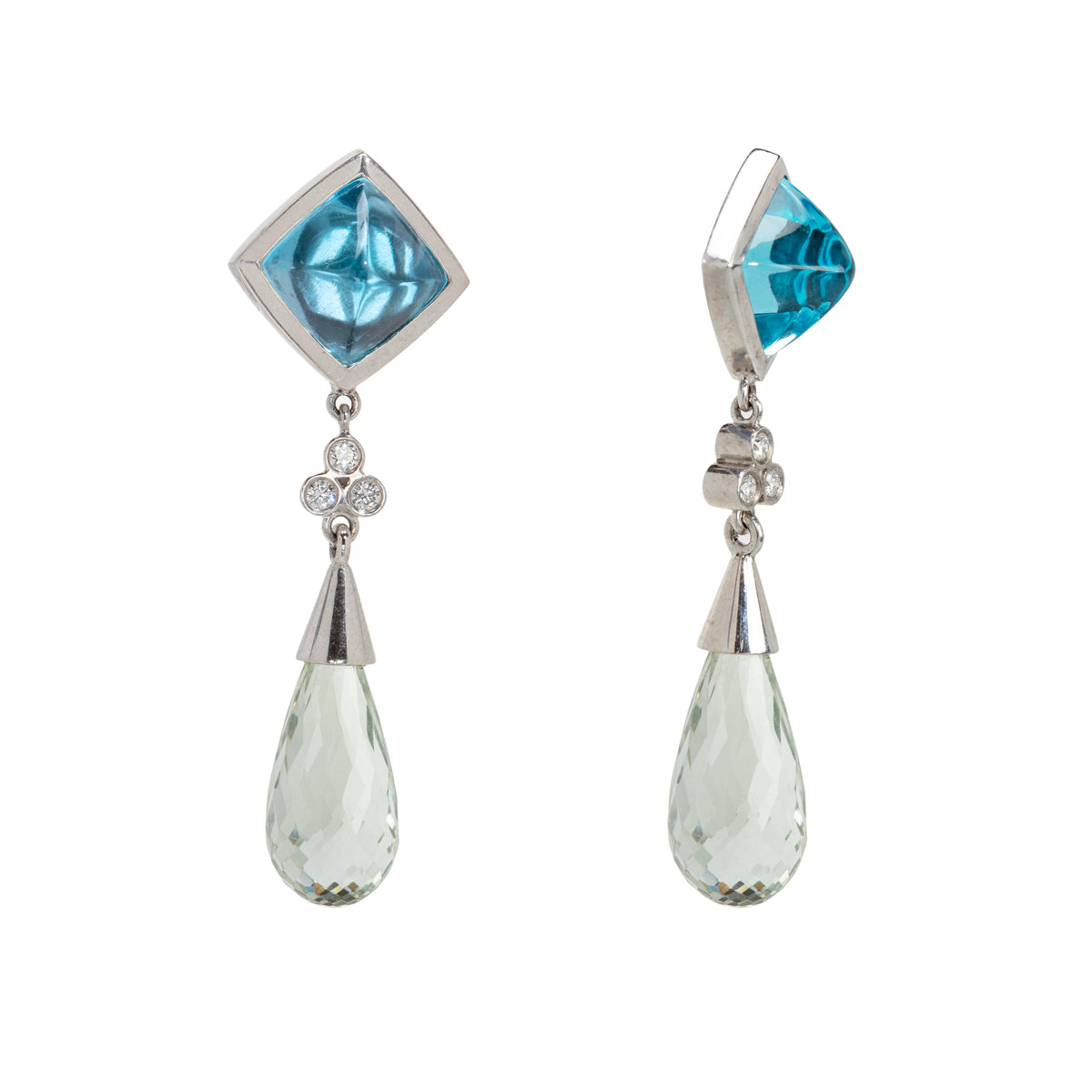 Blue Topaz, Green Amethyst, and Diamond Earrings