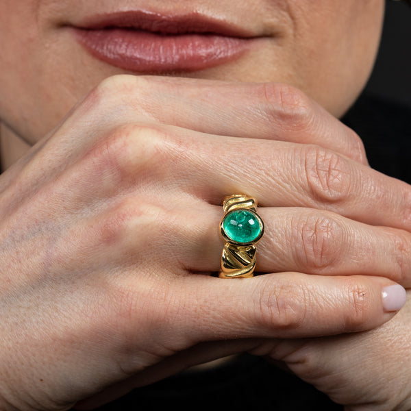 Wide Carved Ring with Emerald Cab