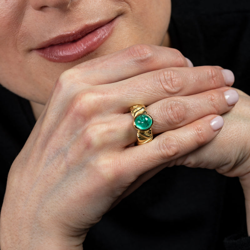 Wide Carved Ring with Emerald Cab