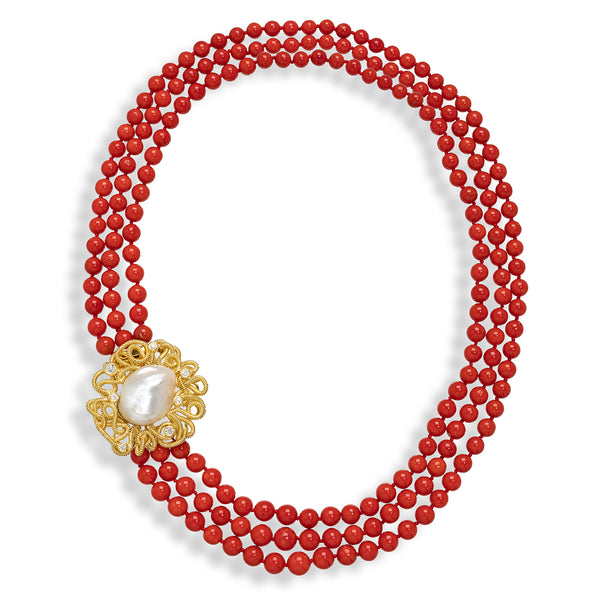Coral, Pearl, and Diamond Coil Necklace