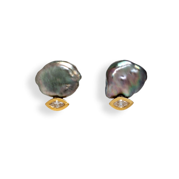 Keshi Pearl and Marquise Diamond Earrings