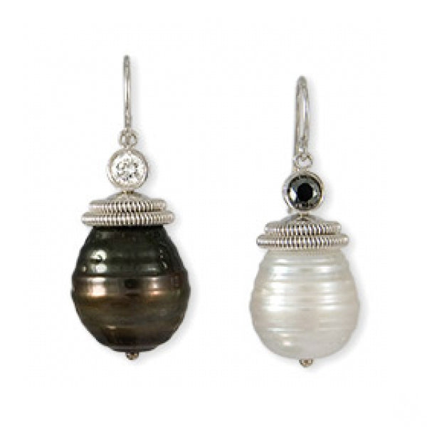 Black and White Coil Pearl with Diamond Earrings