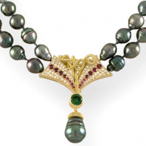 Tahitian Pearl Green Zircon and Diamond Necklace