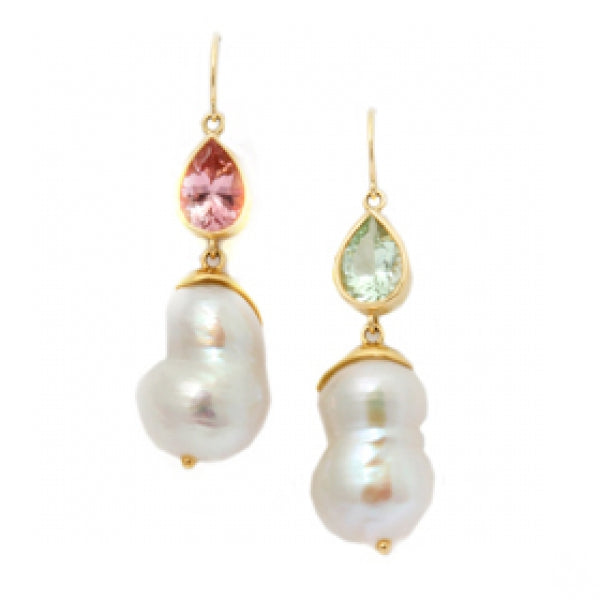 Twin Pearl & Tourmaline Earrings