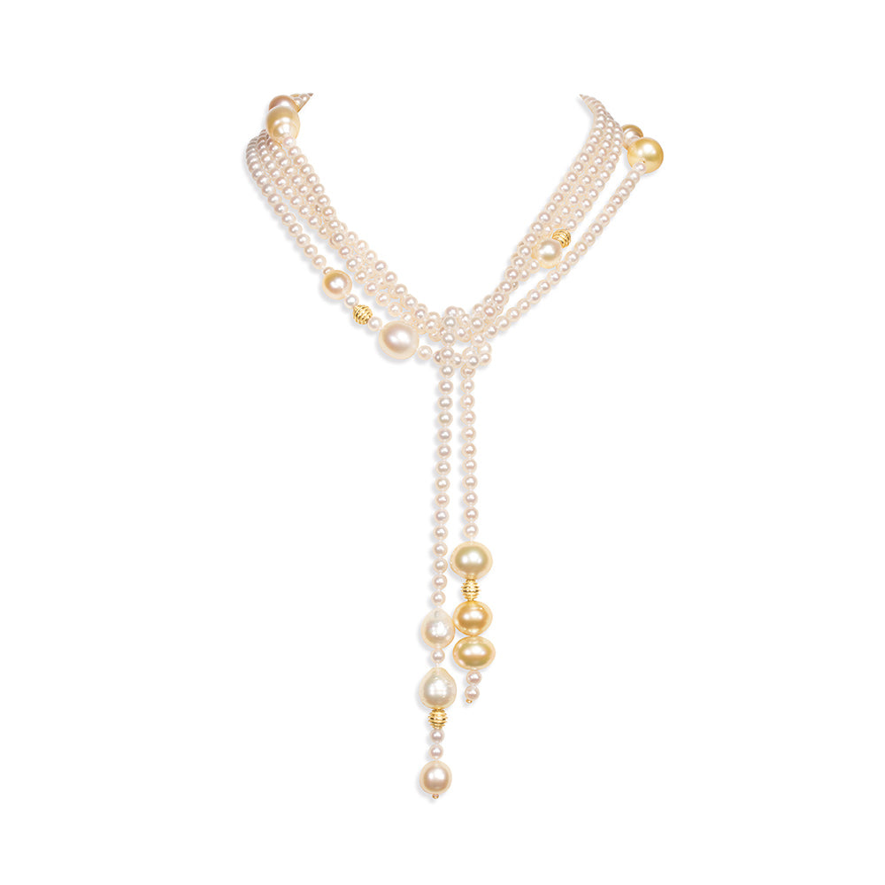 Lariat en Perle Blanche et Or