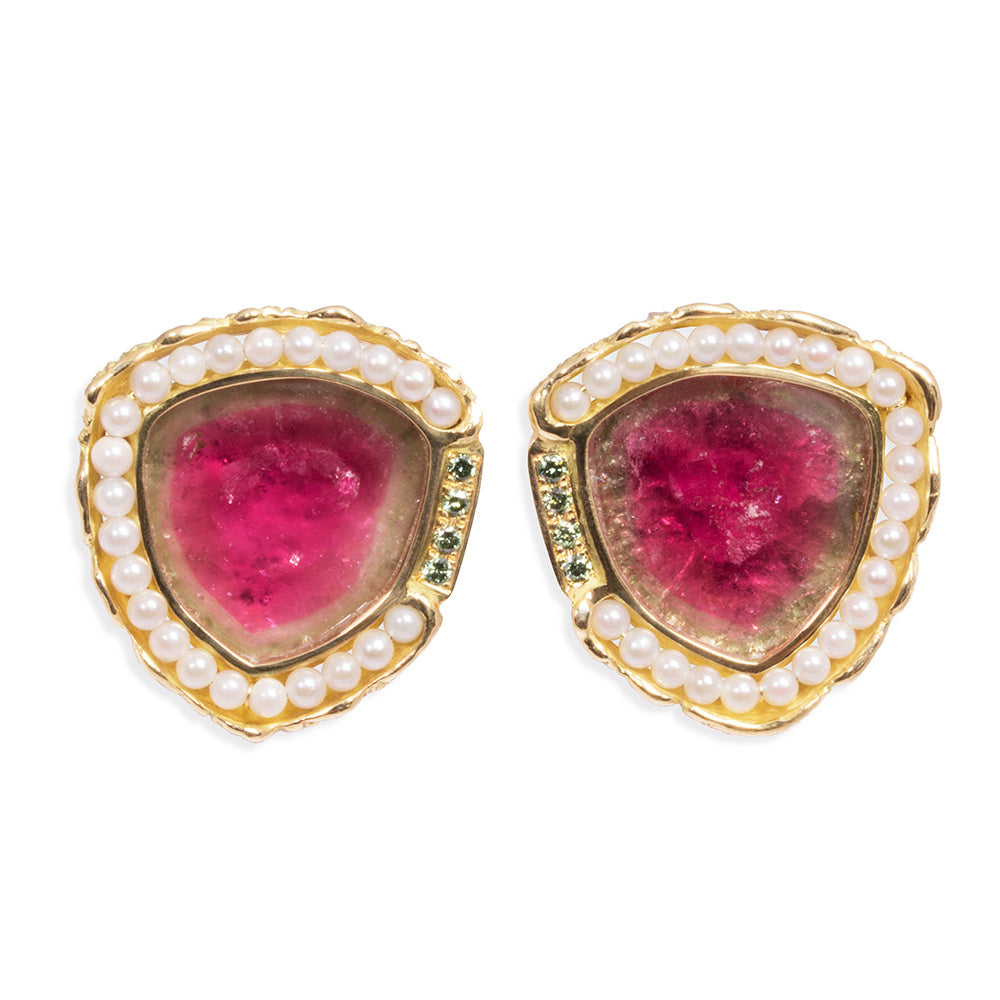 Watermelon Tourmaline and Pearl Earrings