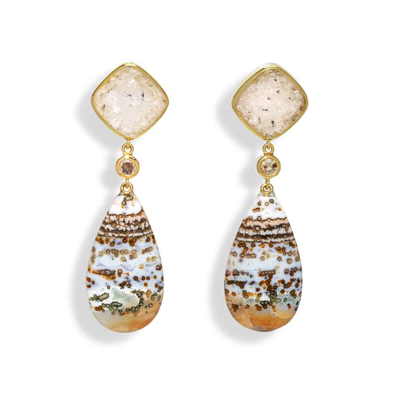 Ocean Jasper, Druzie Quartz, and Diamond Earrings