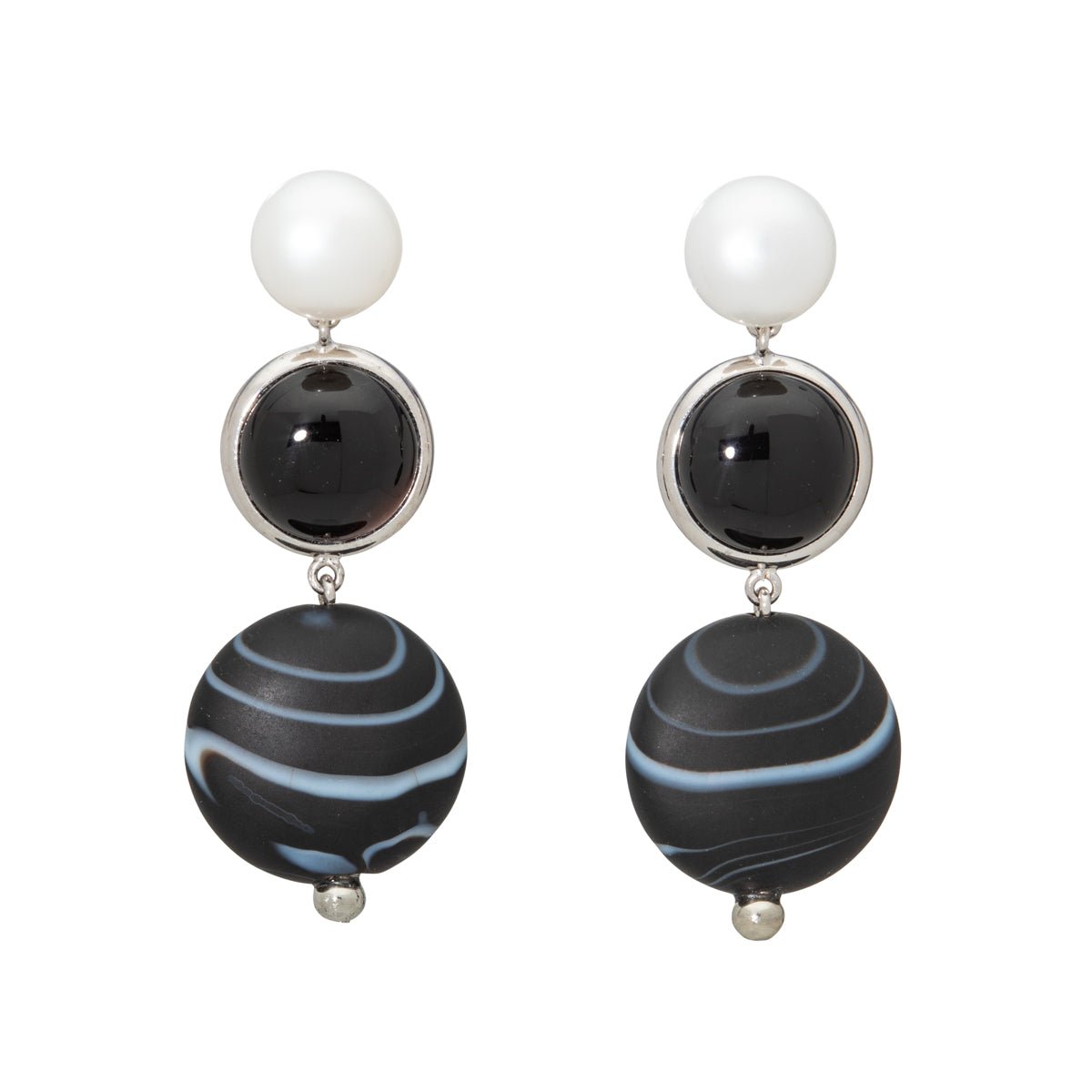 Pearl, Onyx, and Agate Earrings