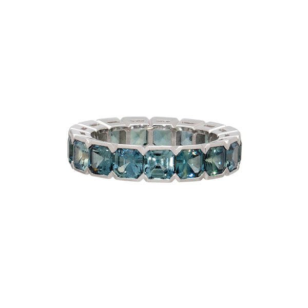 Teal Blue Sapphire Semi Bezel Asscher Cut Eternity Ring
