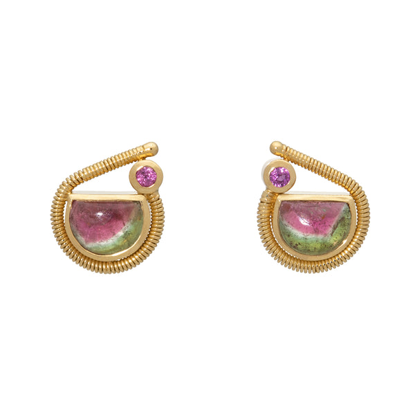 Watermelon Tourmaline and Pink Sapphire Coil Earrings