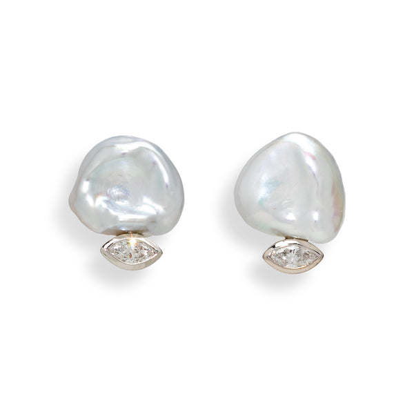 White Keshi Pearl and Marquise Diamond Earrings