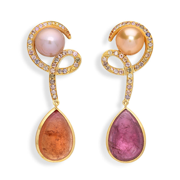 Multicoloured Sapphires, Tourmalines and Pearl Earrings