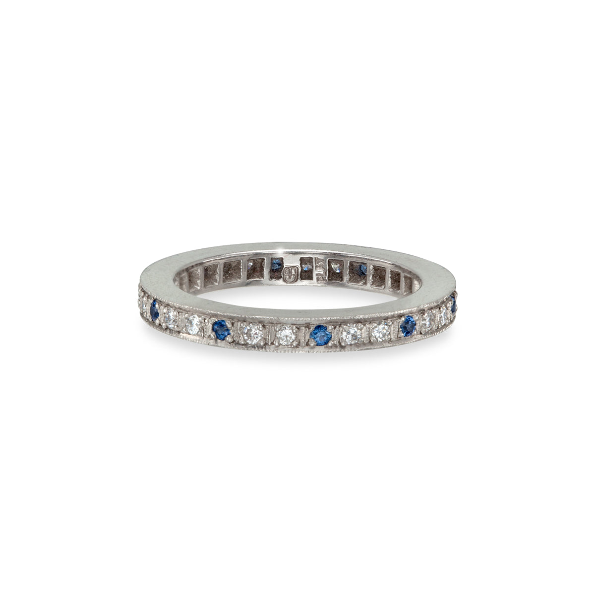 Diamond and Blue Sapphire Narrow Flat Pave Eternity Ring