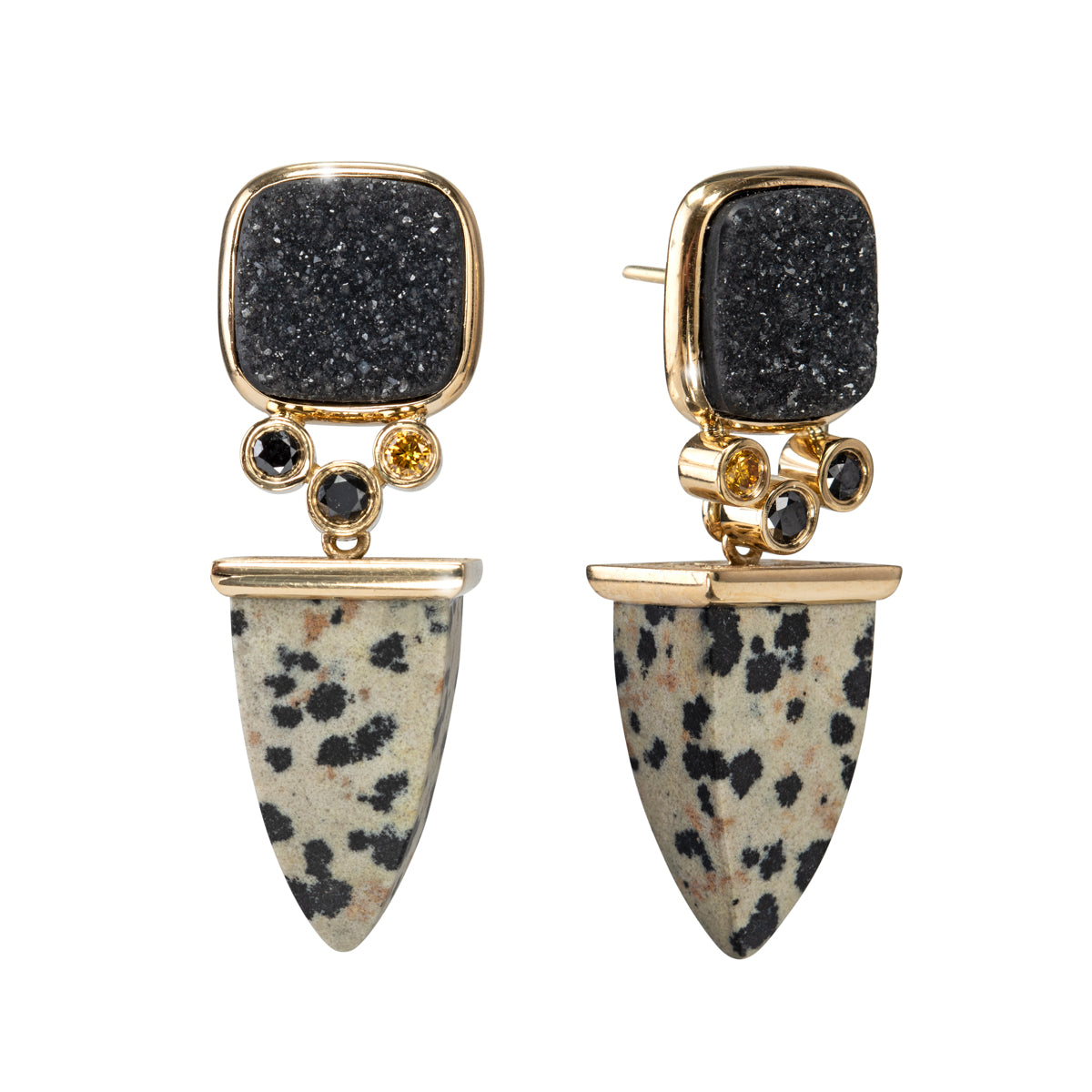 Black Druzy Quartz, Jasper and Diamond Earrings